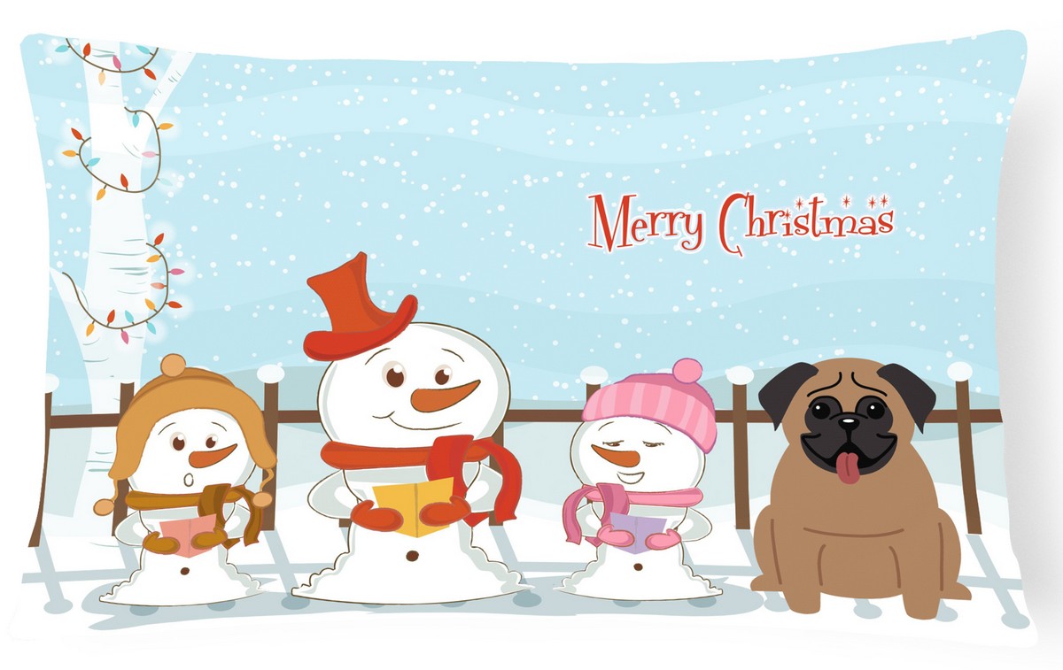 Merry Christmas Carolers Pug Brown Canvas Fabric Decorative Pillow