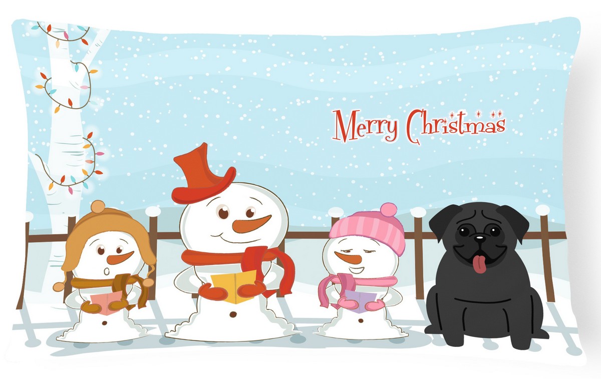 Merry Christmas Carolers Pug Black Canvas Fabric Decorative Pillow