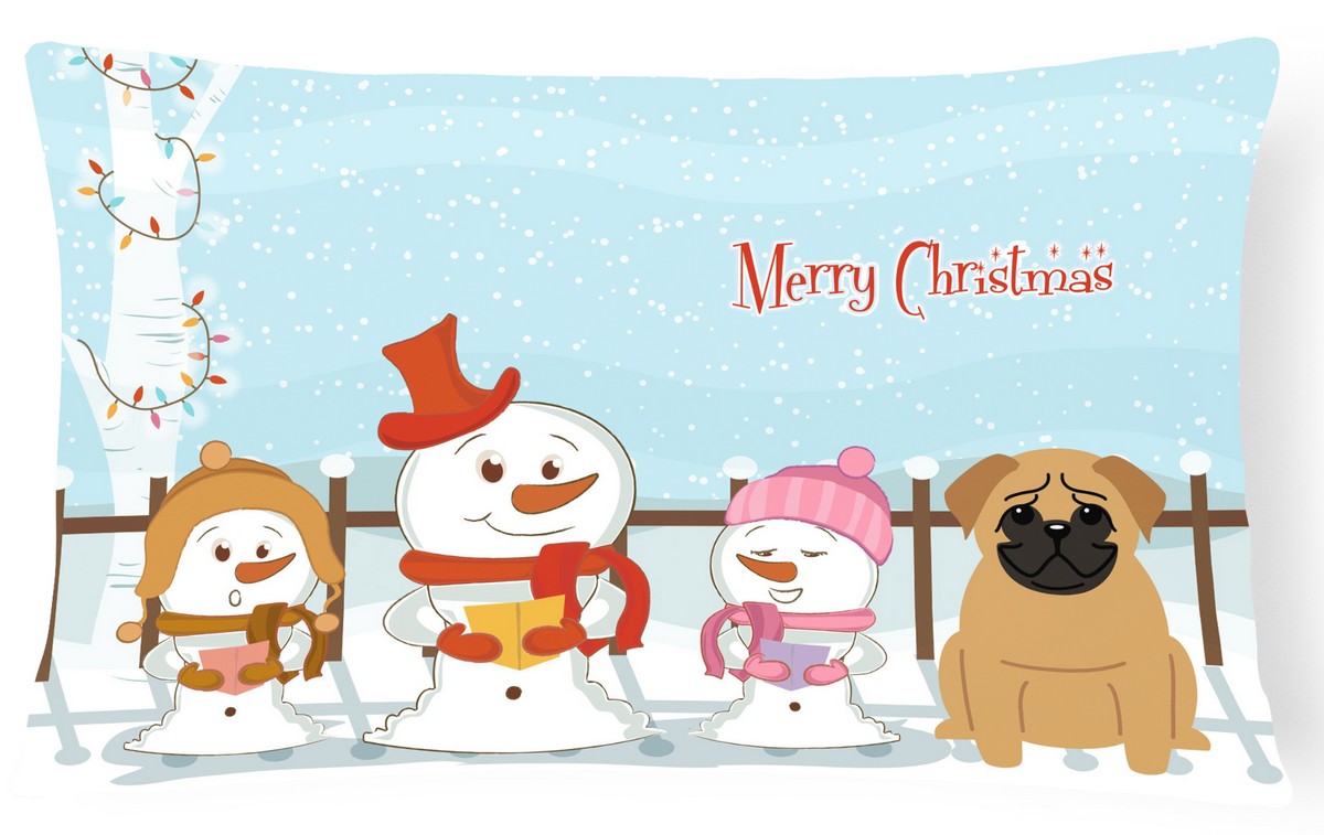 Merry Christmas Carolers Pug Brown Canvas Fabric Decorative Pillow
