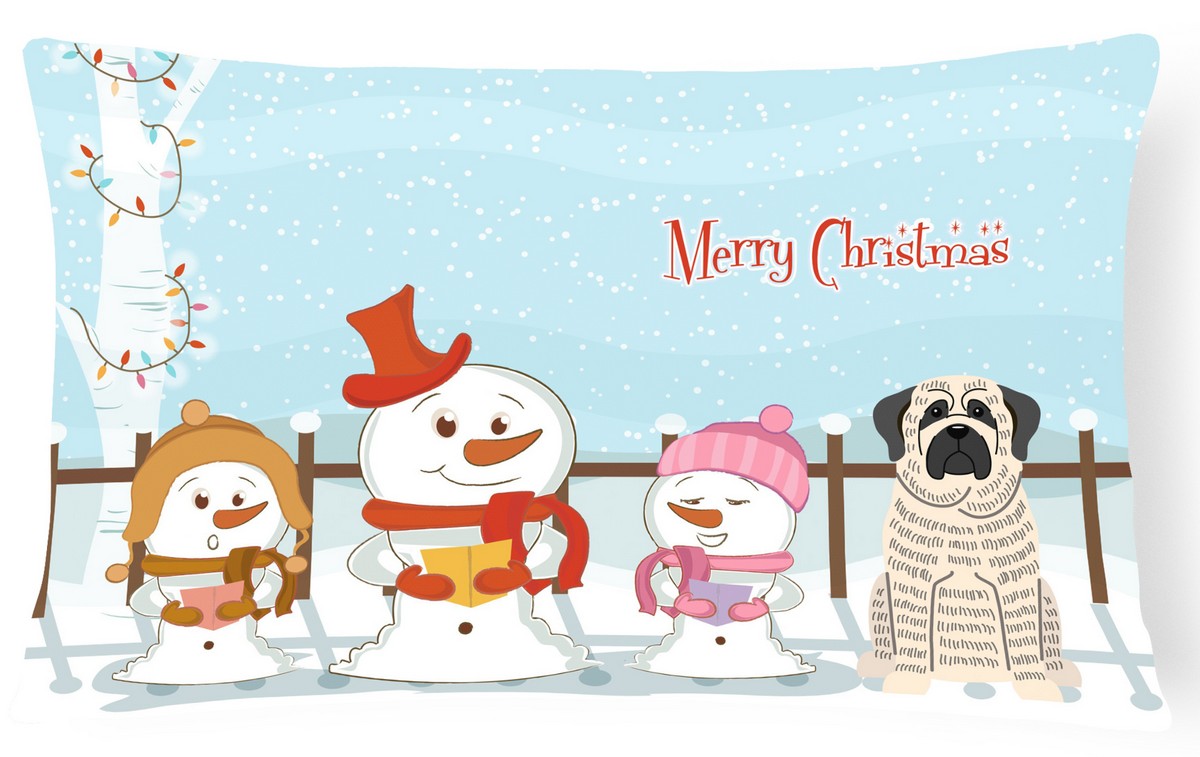 Merry Christmas Carolers Mastiff Brindle White Canvas Fabric Decorative Pillow