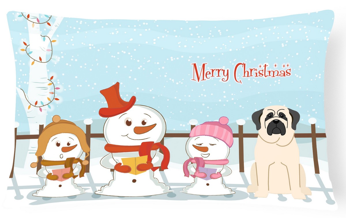 Merry Christmas Carolers Mastiff White Canvas Fabric Decorative Pillow
