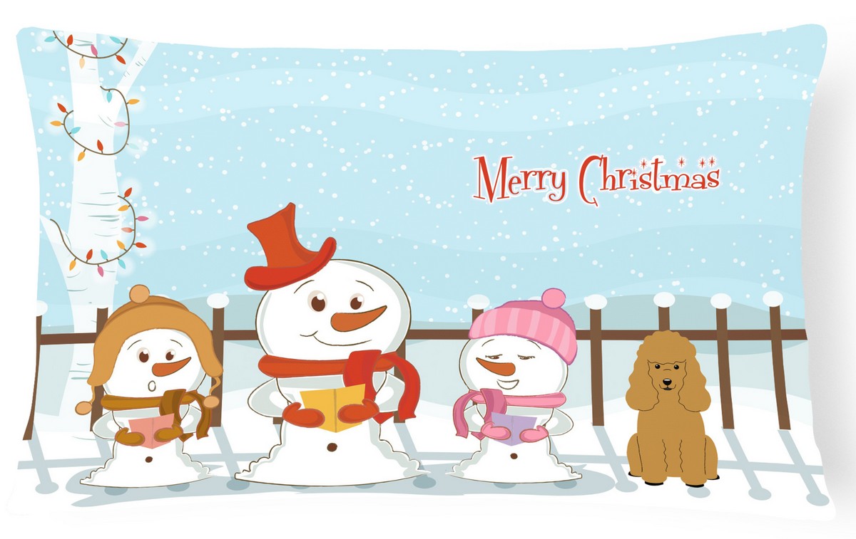 Merry Christmas Carolers Poodle Tan Canvas Fabric Decorative Pillow