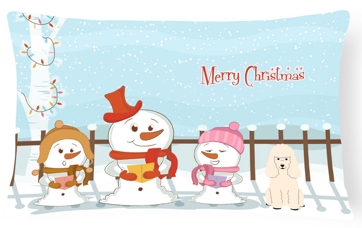 Merry Christmas Carolers Poodle White Canvas Fabric Decorative Pillow