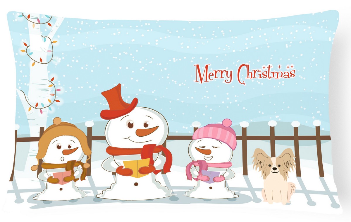 Merry Christmas Carolers Papillon Sable White Canvas Fabric Decorative Pillow
