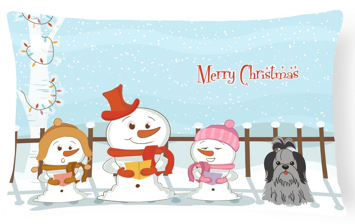 Merry Christmas Carolers Shih Tzu Black & Silver Canvas Fabric Decorative Pillow