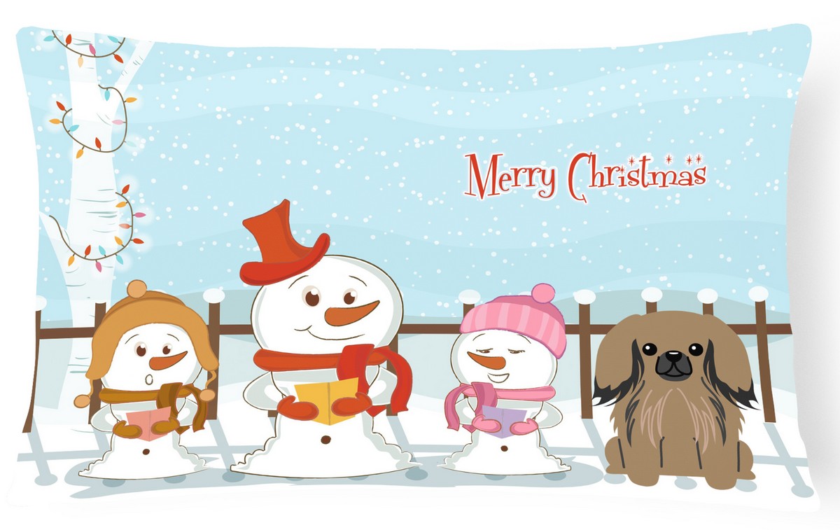 Merry Christmas Carolers Pekingnese Tan Canvas Fabric Decorative Pillow