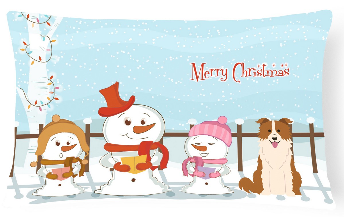 Merry Christmas Carolers Border Collie Red & White Canvas Fabric Decorative Pillow