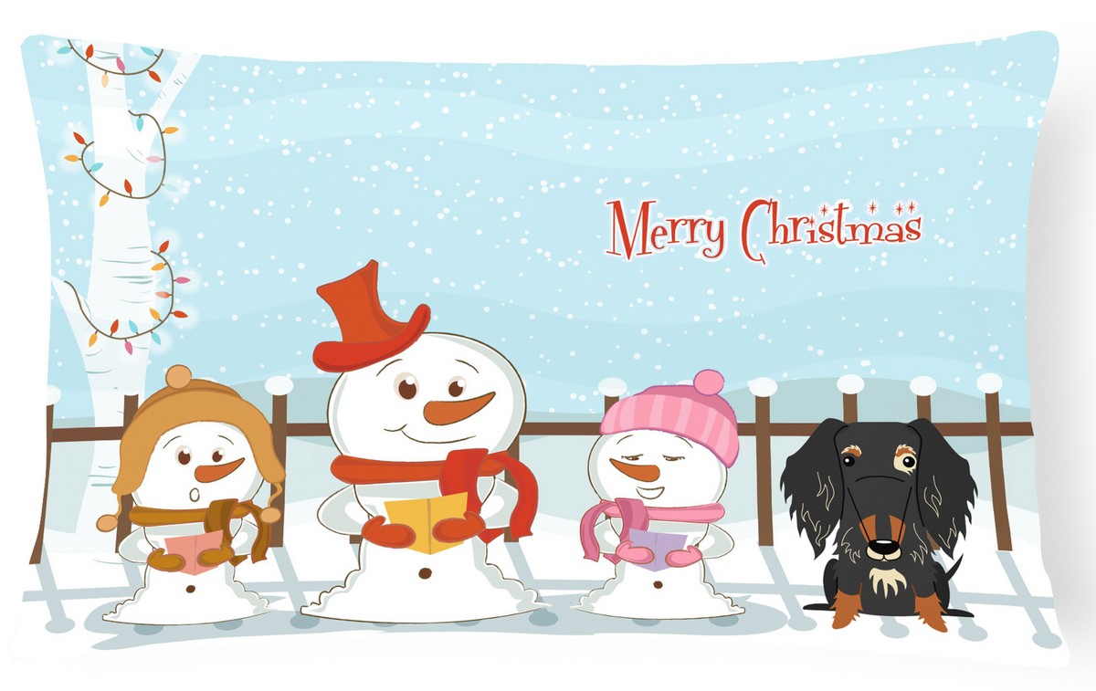 Merry Christmas Carolers Wire Haired Dachshund Dapple Canvas Fabric Decorative Pillow