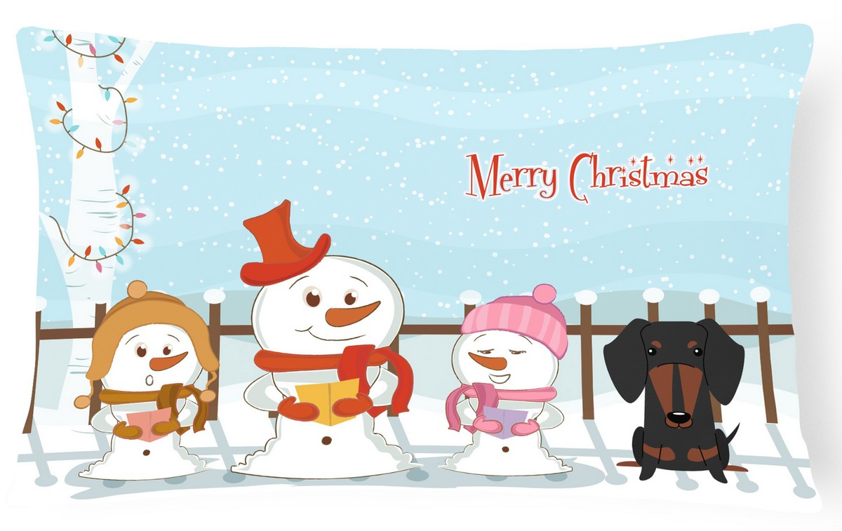 Merry Christmas Carolers Dachshund Black & Tan Canvas Fabric Decorative Pillow