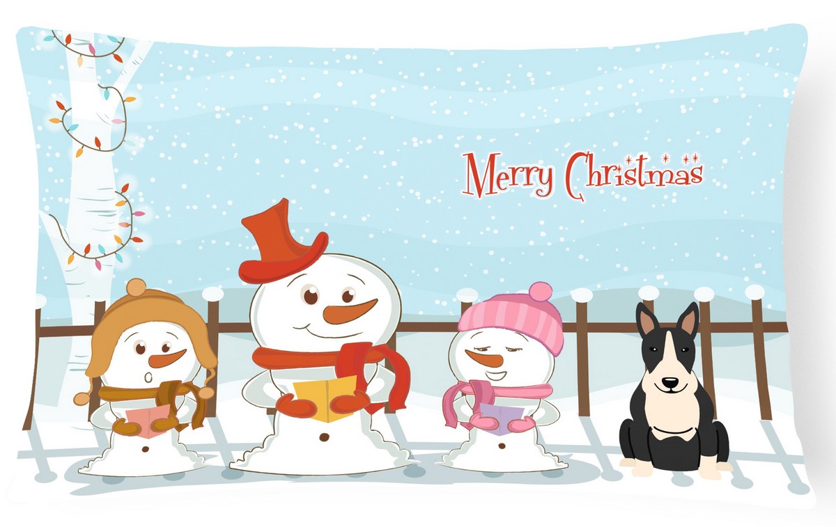 Merry Christmas Carolers Bull Terrier Black & White Canvas Fabric Decorative Pillow