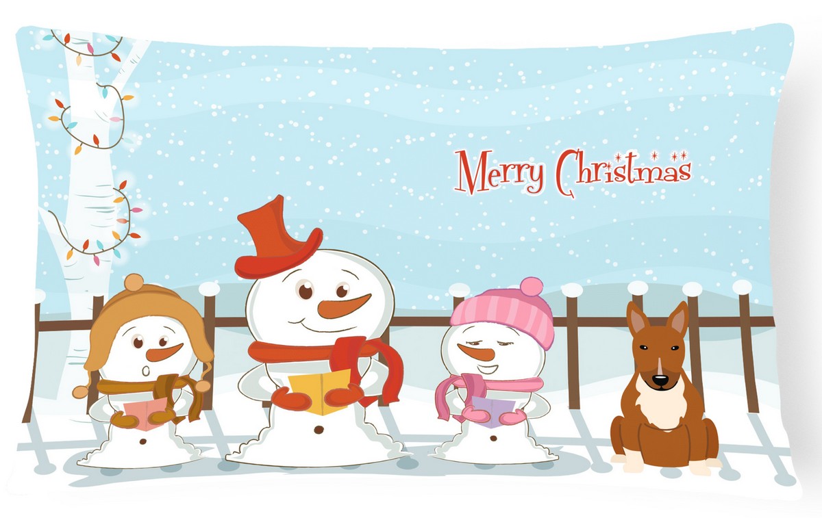 Merry Christmas Carolers Bull Terrier Red Canvas Fabric Decorative Pillow