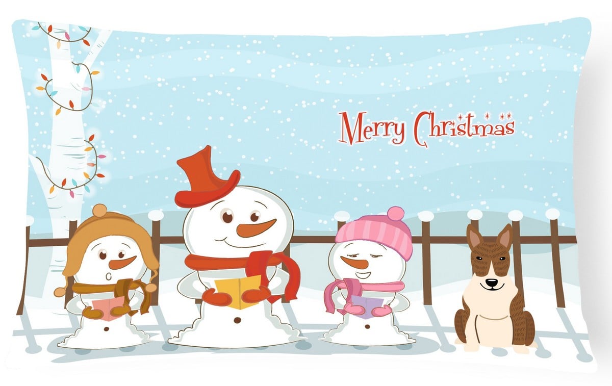 Merry Christmas Carolers Bull Terrier Brindle Canvas Fabric Decorative Pillow