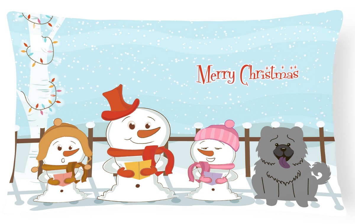 Merry Christmas Carolers Chow Chow Blue Canvas Fabric Decorative Pillow