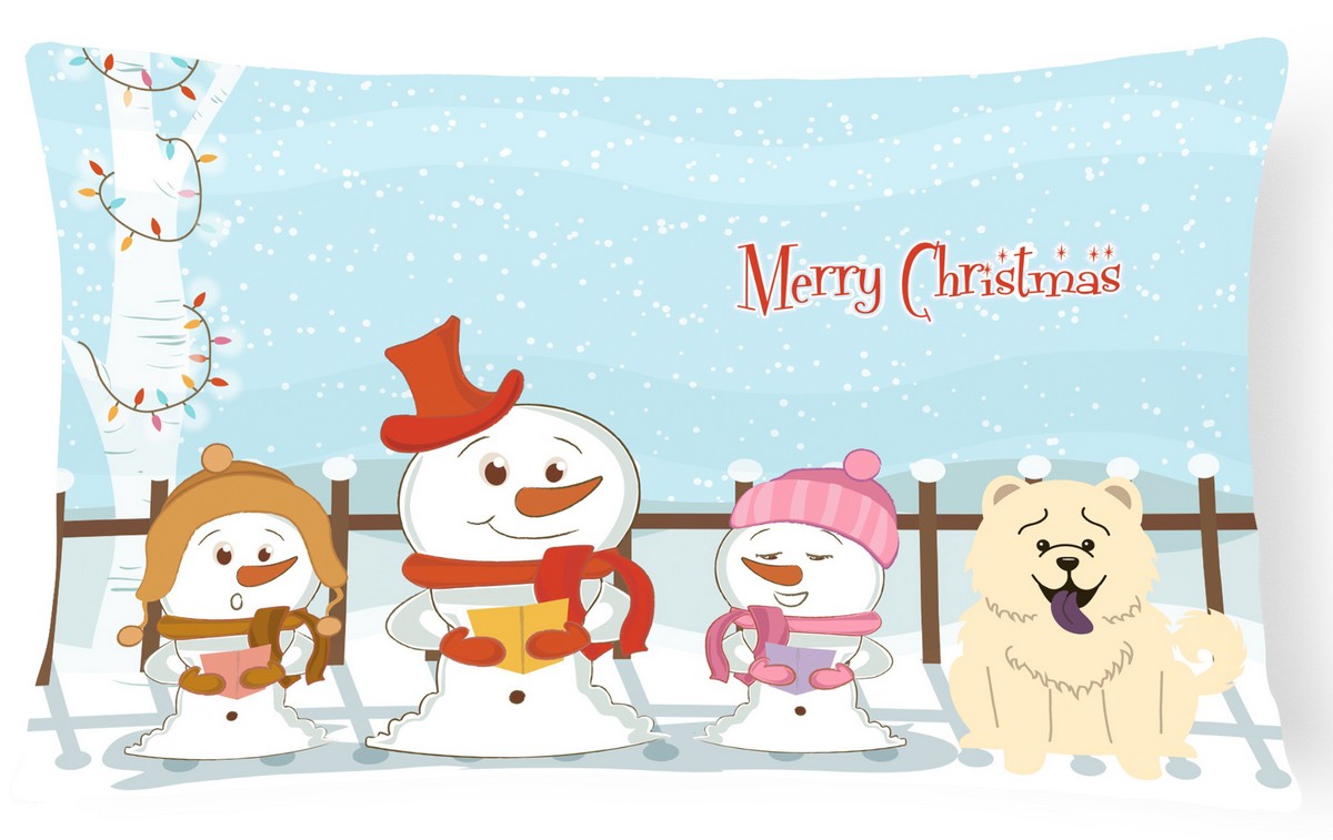 Merry Christmas Carolers Chow Chow White Canvas Fabric Decorative Pillow