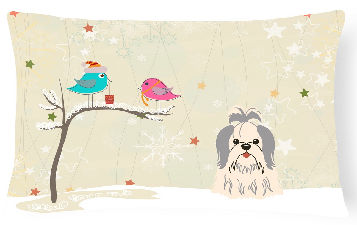 Christmas Presents Between Friends Shih Tzu Silver & White Canvas Fabric Decorative Pillow