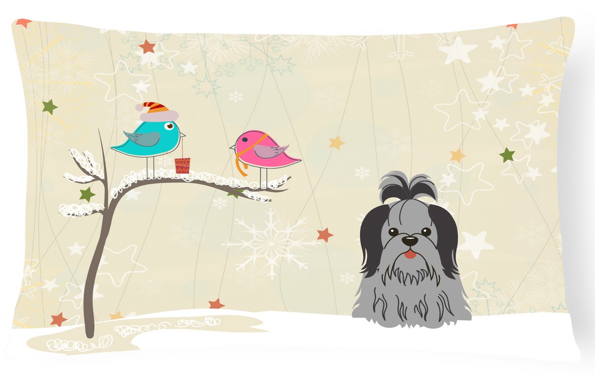 BB2561PW1216 Christmas Presents Between Friends Shih Tzu Black & Silver Canvas Fabric Decorative Pillow