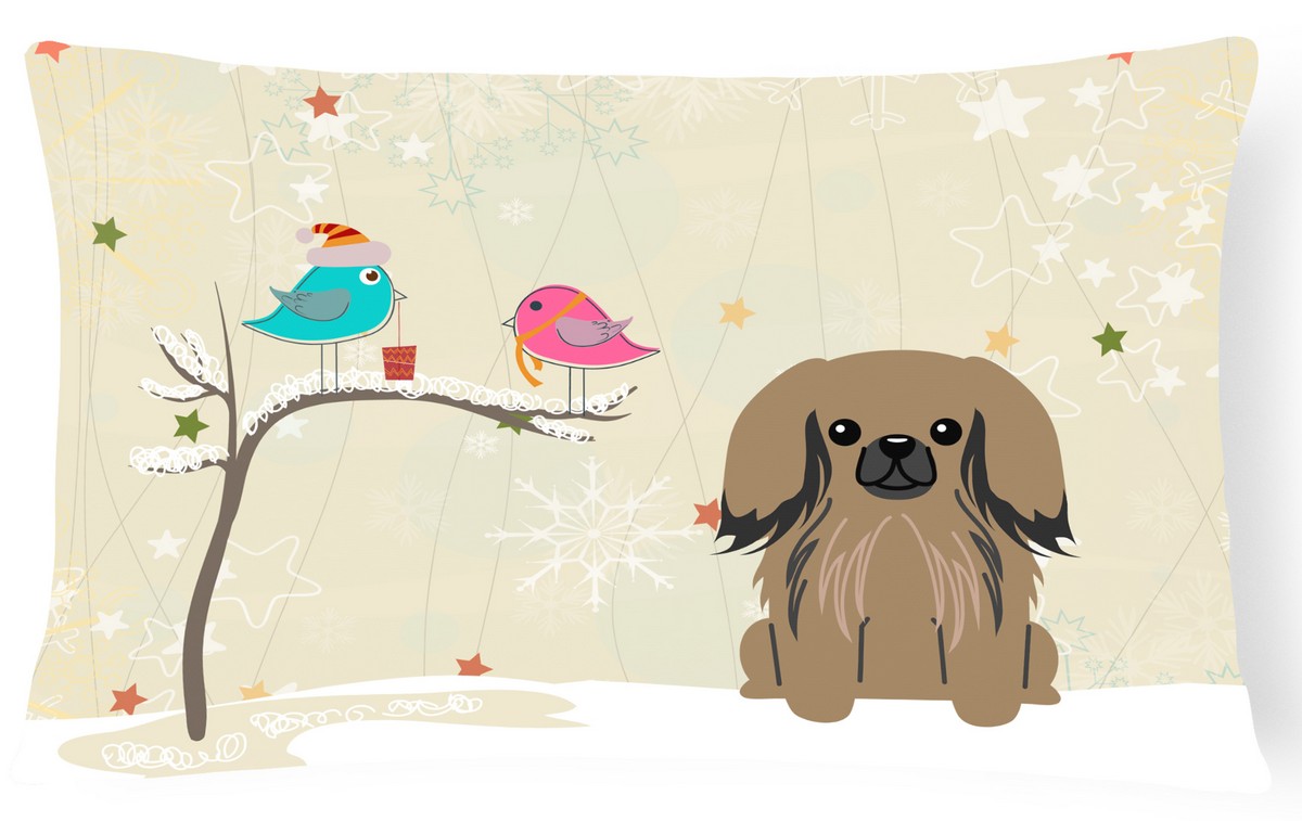 Christmas Presents Between Friends Pekingnese Tan Canvas Fabric Decorative Pillow - Tan - 12in. H x 3in. W x 16in. L