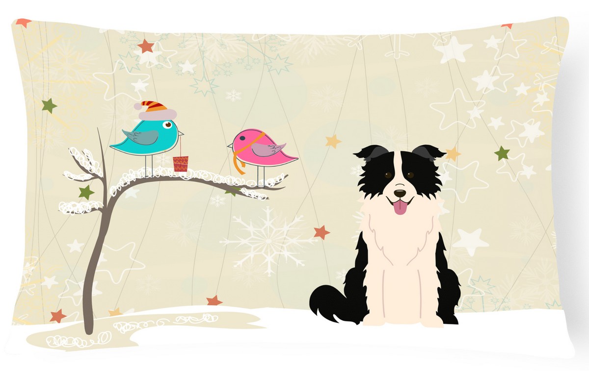 Christmas Presents Between Friends Border Collie Black & White Canvas Fabric Decorative Pillow