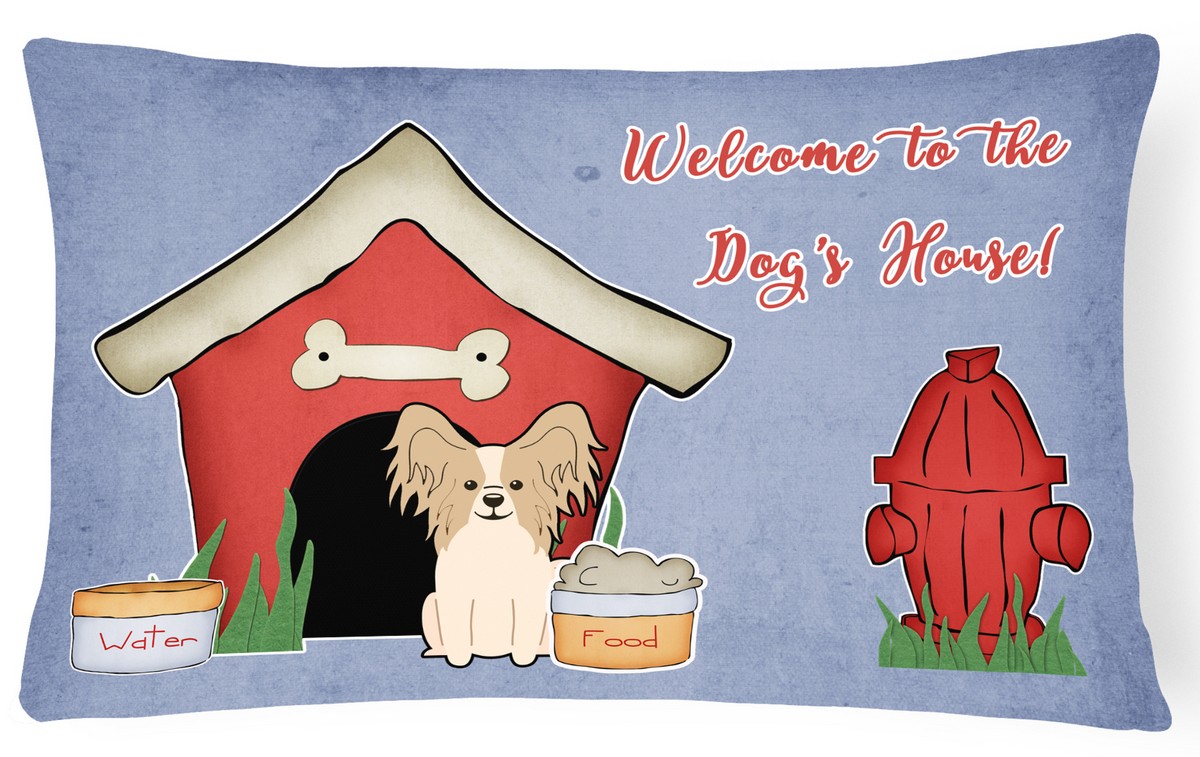 Dog House Collection Papillon Sable White Canvas Fabric Decorative Pillow