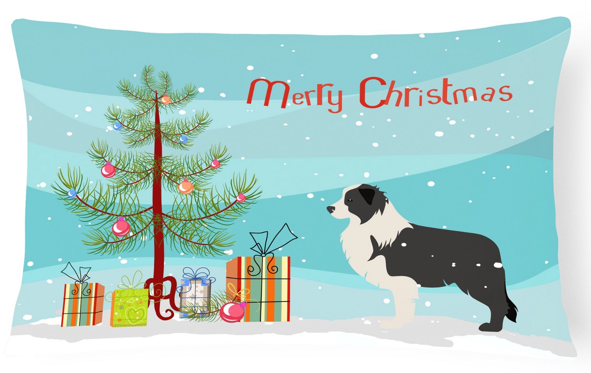 Black Border Collie Merry Christmas Tree Canvas Fabric Decorative Pillow - 12in. H x 3in. W x 16in. L