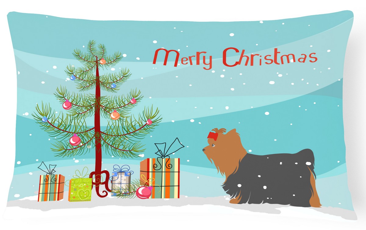 Yorkshire Terrier Yorkie Merry Christmas Tree Canvas Fabric Decorative Pillow