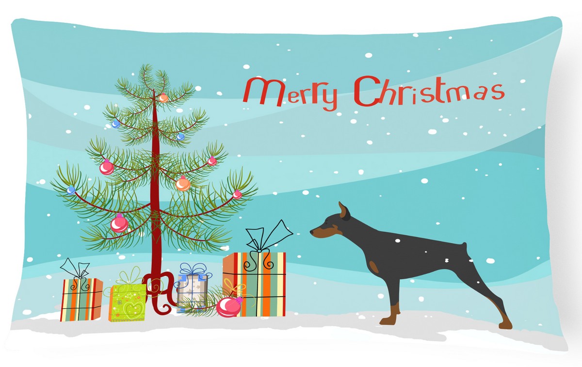 Doberman Pinscher Merry Christmas Tree Canvas Fabric Decorative Pillow