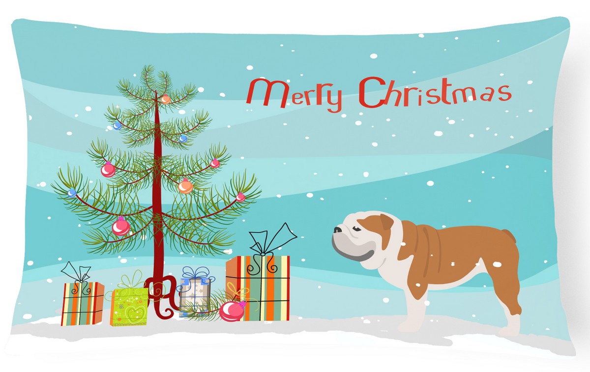 English Bulldog Merry Christmas Tree Canvas Fabric Decorative Pillow