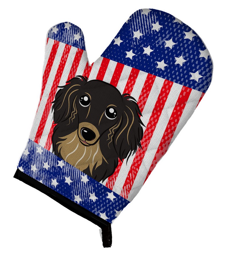Picture of Carolines Treasures BB2143OVMT American Flag & Longhair Black and Tan Dachshund Oven Mitt