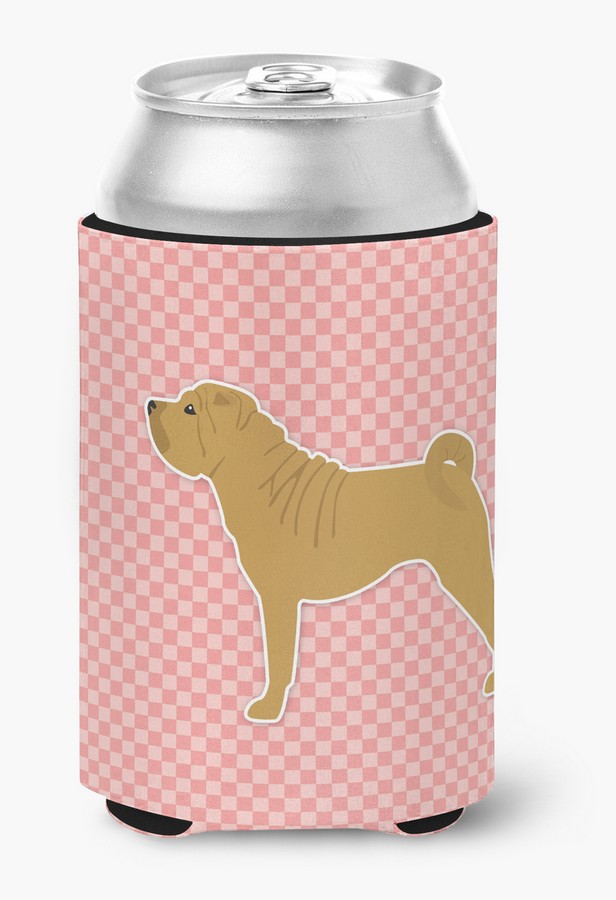Shar Pei Merry Checkerboard Pink Can or Bottle Hugger