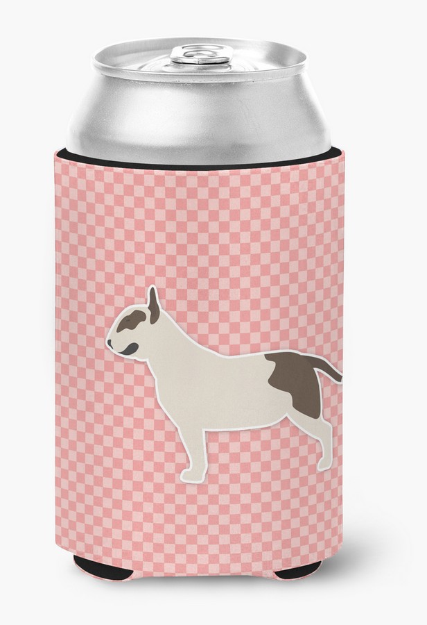 BB3678CC Bull Terrier Checkerboard Pink Can or Bottle Hugger