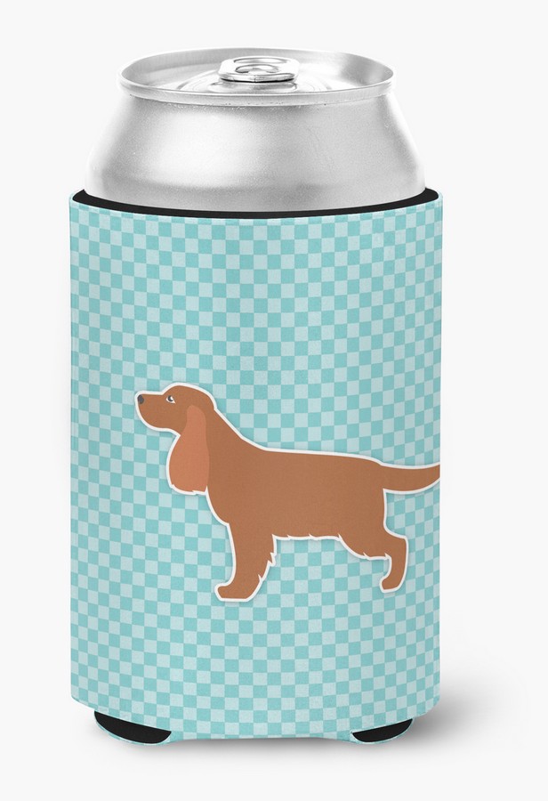 English Cocker Spaniel Checkerboard Blue Can or Bottle Hugger