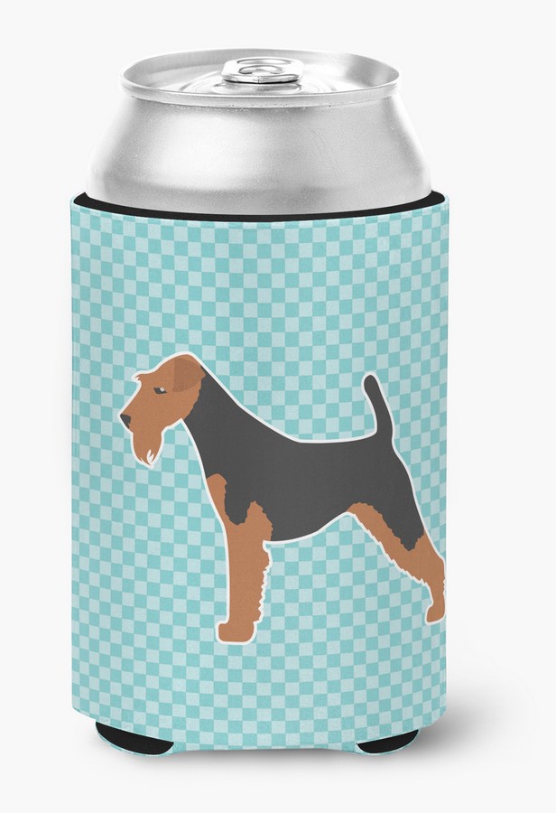 BB3757CC Airedale Terrier Checkerboard Blue Can or Bottle Hugger