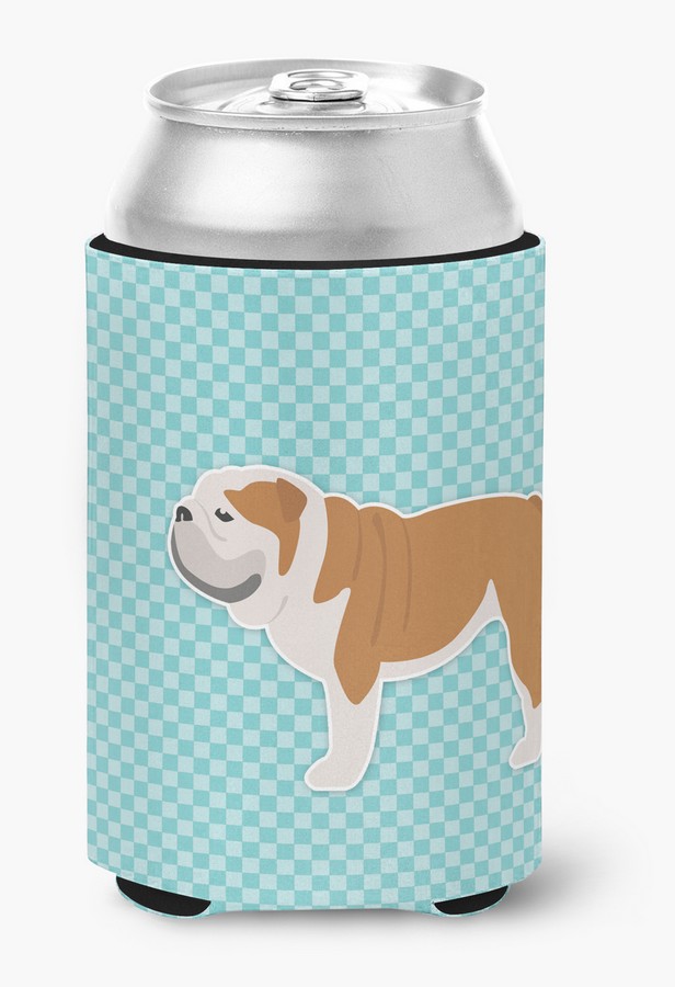 English Bulldog Checkerboard Blue Can or Bottle Hugger