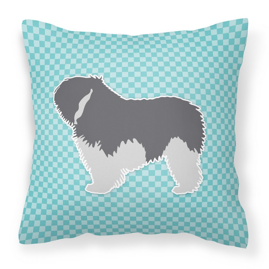 Polish Lowland Sheepdog Dog Checkerboard Blue Fabric Decorative Pillow