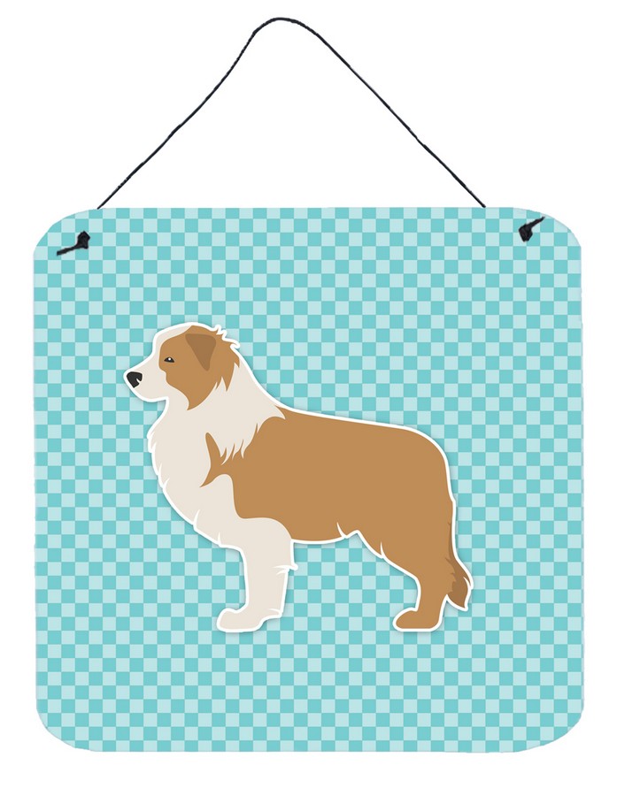 Red Border Collie Checkerboard Blue Wall or Door Hanging Prints