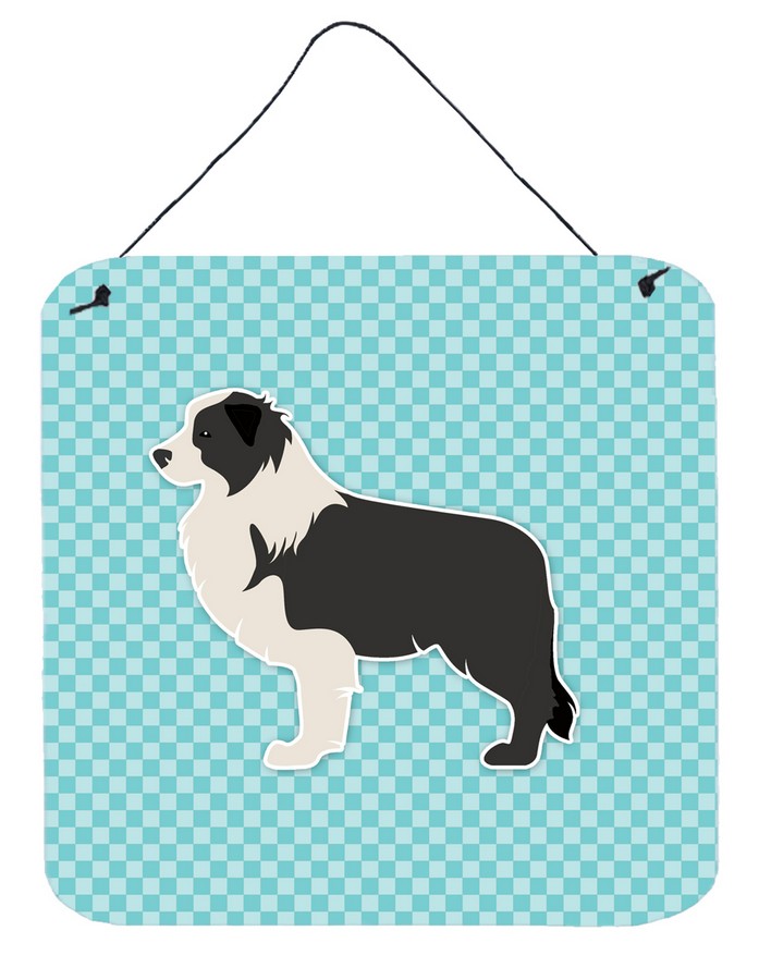 Black Border Collie Checkerboard Blue Wall or Door Hanging Prints