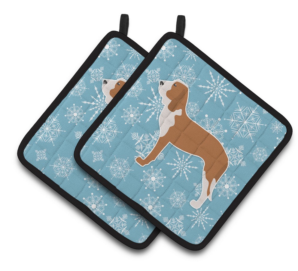 Picture of Carolines Treasures BB3491PTHD Winter Snowflake Spanish Hound Pair of Pot Holders