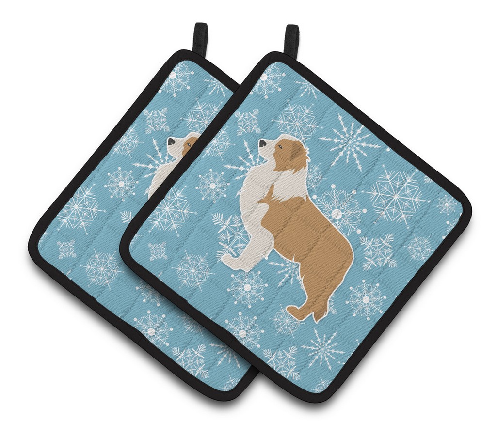 Picture of Carolines Treasures BB3522PTHD Winter Snowflake Red Border Collie Pair of Pot Holders
