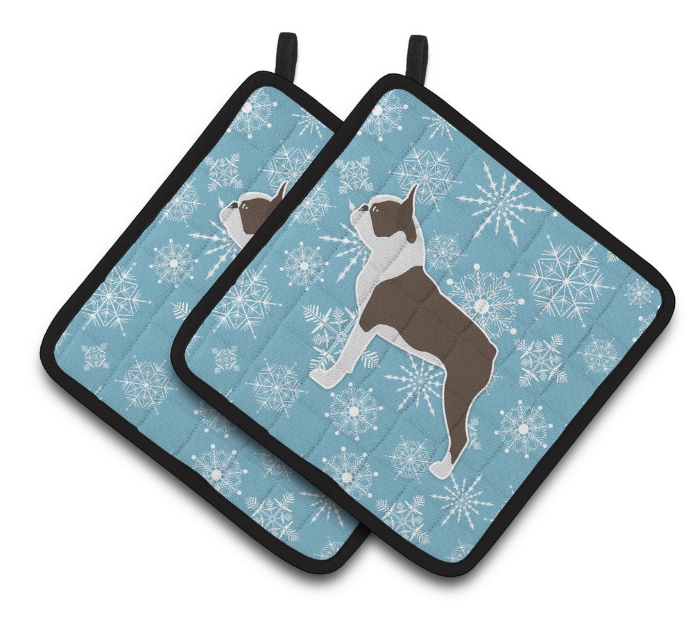 Picture of Carolines Treasures BB3544PTHD Winter Snowflake Boston Terrier Pair of Pot Holders