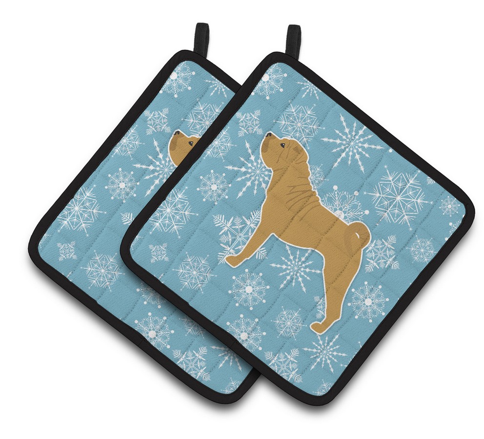 Picture of Carolines Treasures BB3552PTHD Winter Snowflake Shar Pei Merry Pair of Pot Holders