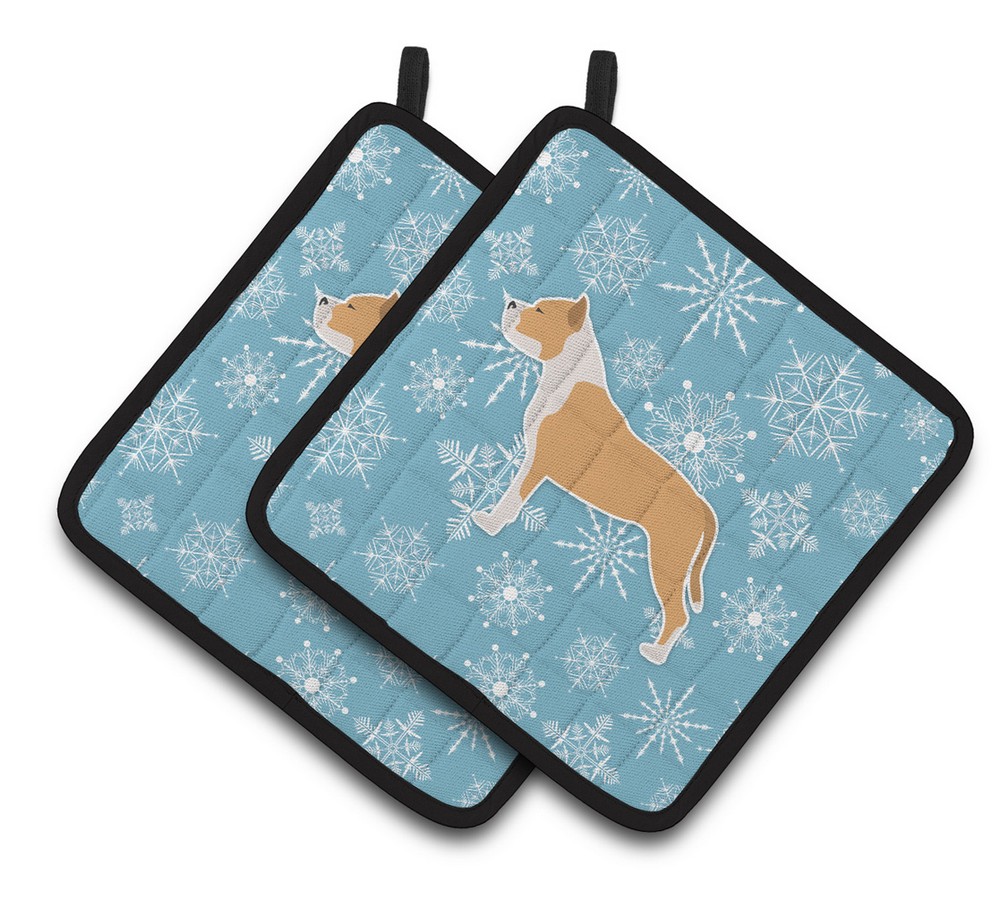 Picture of Carolines Treasures BB3554PTHD Winter Snowflake Staffordshire Bull Terrier Pair of Pot Holders