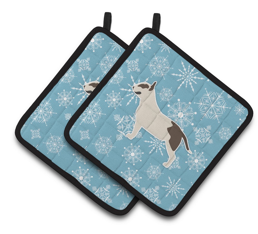 Picture of Carolines Treasures BB3578PTHD Winter Snowflake Bull Terrier Pair of Pot Holders