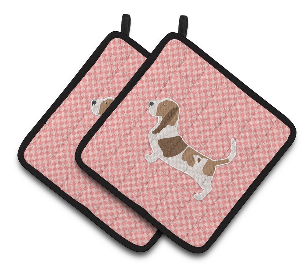 Picture of Carolines Treasures BB3602PTHD Basset Hound Checkerboard Pink Pair of Pot Holders
