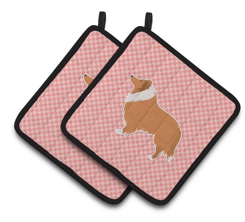 Picture of Carolines Treasures BB3616PTHD Collie Checkerboard Pink Pair of Pot Holders