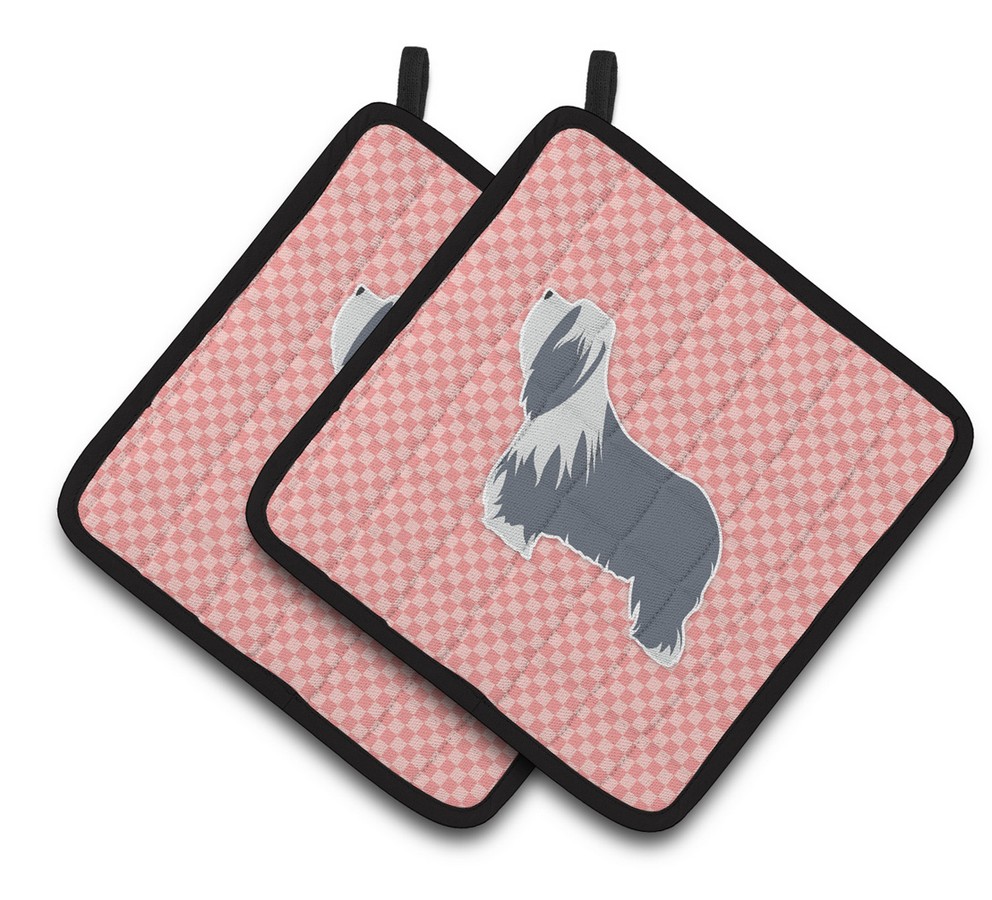 Picture of Carolines Treasures BB3617PTHD Bearded Collie Checkerboard Pink Pair of Pot Holders