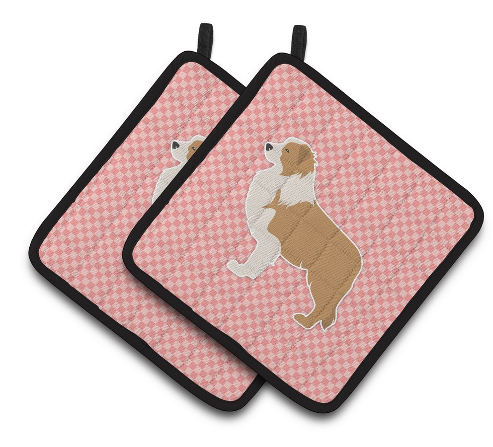 Picture of Carolines Treasures BB3622PTHD Red Border Collie Checkerboard Pink Pair of Pot Holders