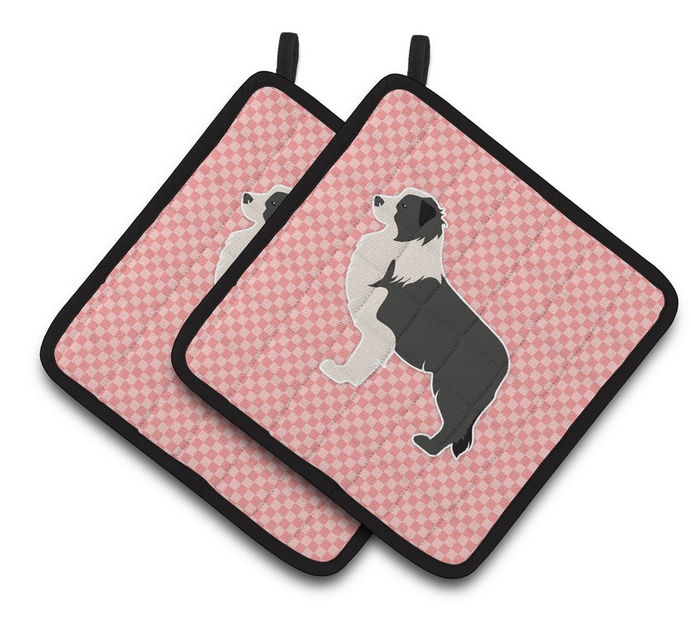 Picture of Carolines Treasures BB3623PTHD Black Border Collie Checkerboard Pink Pair of Pot Holders