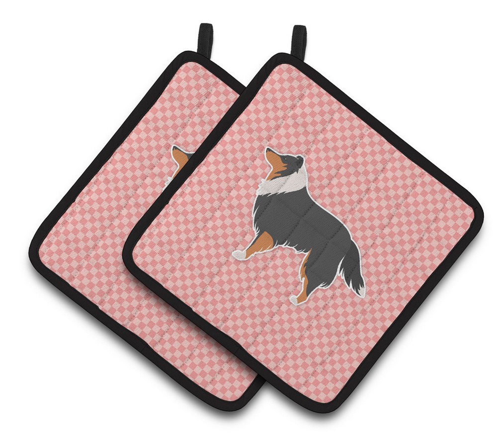 Picture of Carolines Treasures BB3630PTHD Sheltie & Shetland Sheepdog Checkerboard Pink Pair of Pot Holders