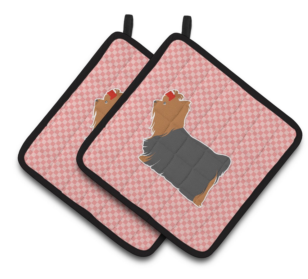 Picture of Carolines Treasures BB3634PTHD Yorkshire Terrier Yorkie Checkerboard Pink Pair of Pot Holders