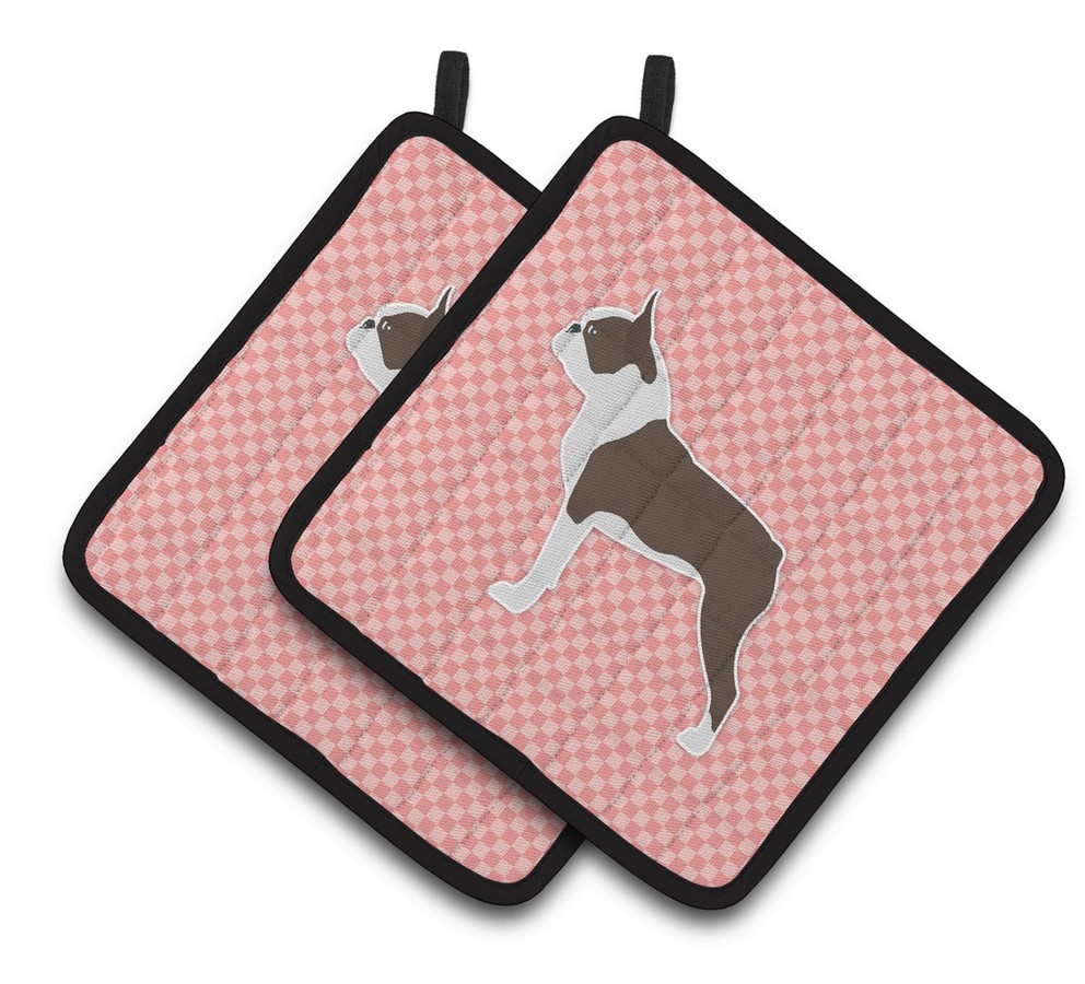 Picture of Carolines Treasures BB3644PTHD Boston Terrier Checkerboard Pink Pair of Pot Holders